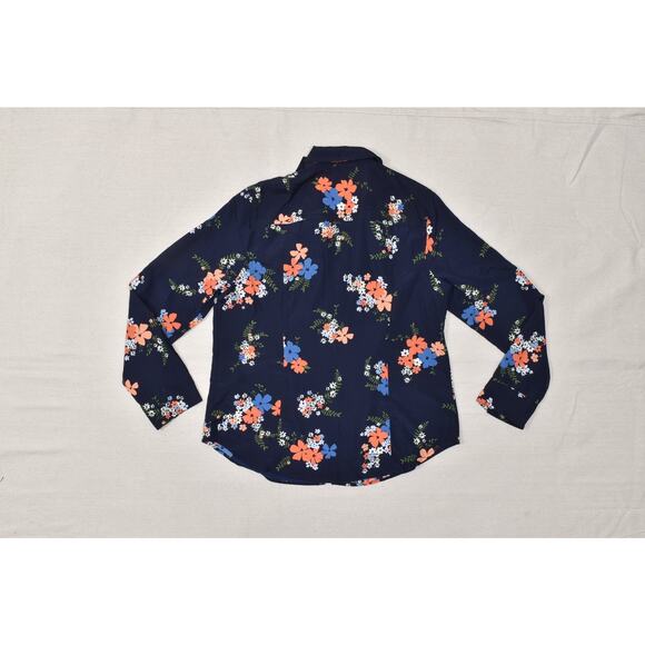 Michael Kors Women's Blue Floral Long Sleeve Full Zip Blouse Regular Size L Poly - Picture 7 of 8